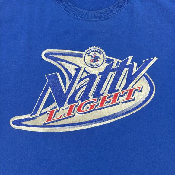 Natty Light Shirt Men's Medium Blue Short Sleeve Beer Shirt College Distressed - Picture 3 of 8